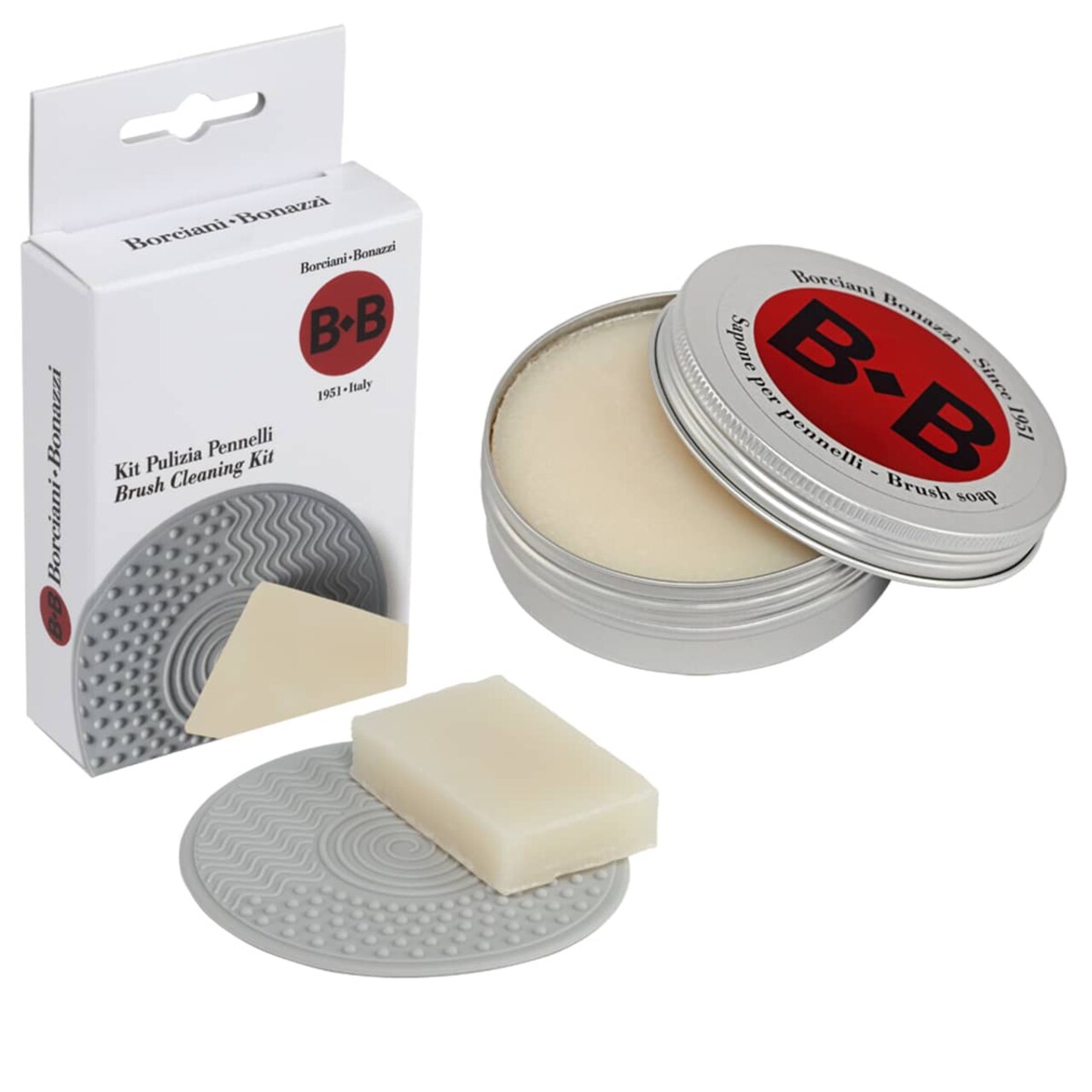 Borciani e Bonazzi Brush Cleaner Combo Set - 2-in-1 Paint Brush Cleaner with Deep Cleansing Soap & Silicone Pad, Restores & Conditions, All Natural, Travel-Friendly, 100g Aluminum Tin